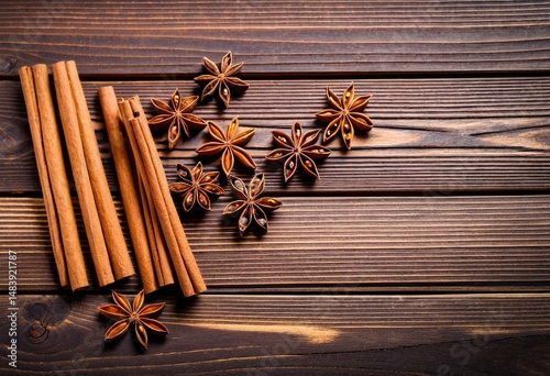 A bunch of cinnamon sticks and star anise on a wooden surface.