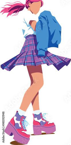 Young woman in pink skirt and platform shoes walking with blue jacket vector illustration 