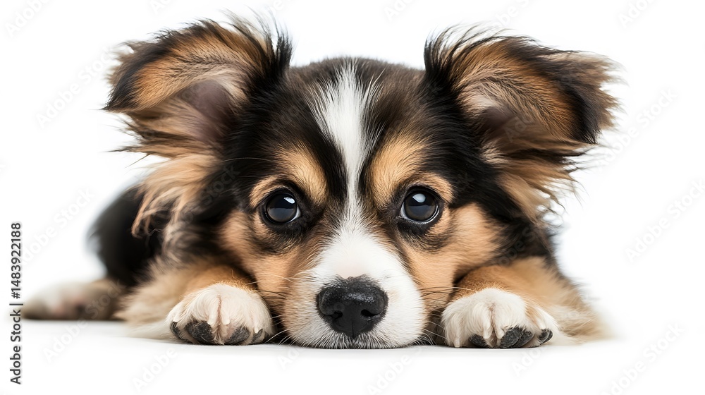 Fototapeta premium Adorable Puppy Lying Down, Fluffy Dog Portrait, Cute Pet Closeup