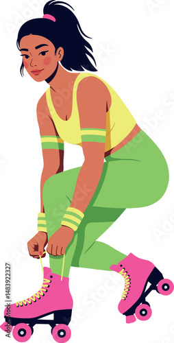 Young woman roller skating in green and yellow activewear with pink roller skates vector illustration 