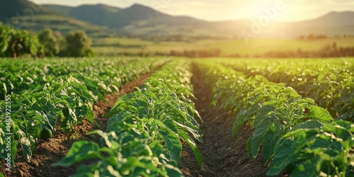 Organic farming grows leafy green or sweet peppers (Capsicum annuum) in the field