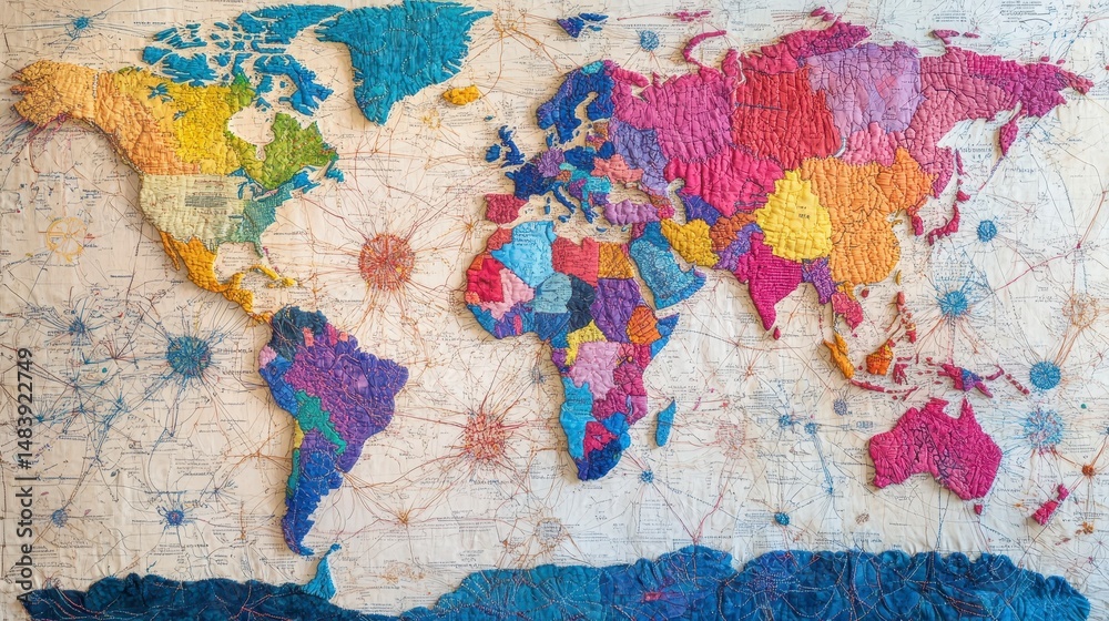 Naklejka premium Colorful world map with interconnected countries.