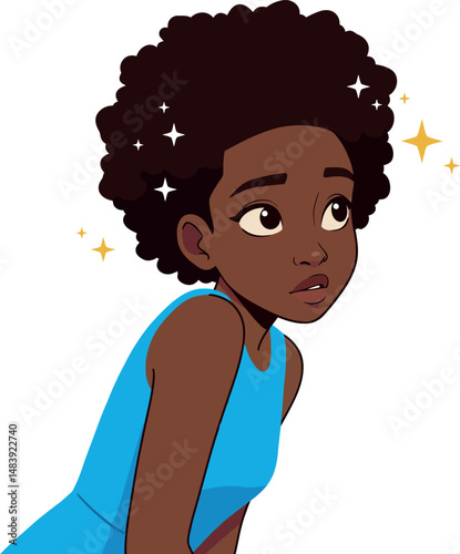 Young Afro girl with sparkling hair wearing blue sleeveless top vector illustration 