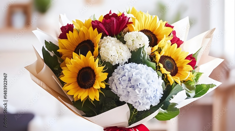 Fototapeta premium Vibrant Sunflower and Hydrangea Bouquet in Paper Wrapper