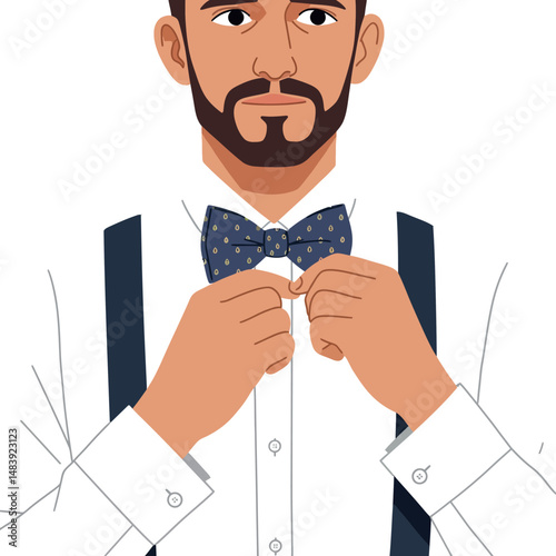 Man adjusting blue bow tie with white shirt and black suspenders vector illustration 