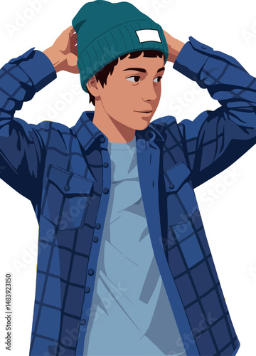 Young man wearing blue beanie and checkered shirt adjusting hat vector illustration 
