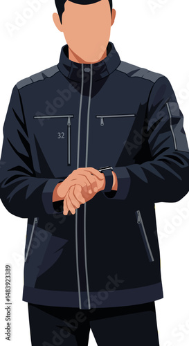 Man wearing black jacket checking smartwatch technology vector illustration 