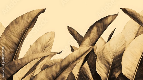 Sepia Tropical Banana Leaves Botanical Illustration