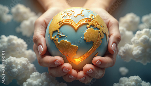 Hands holding glowing heart-shaped world globe in clouds