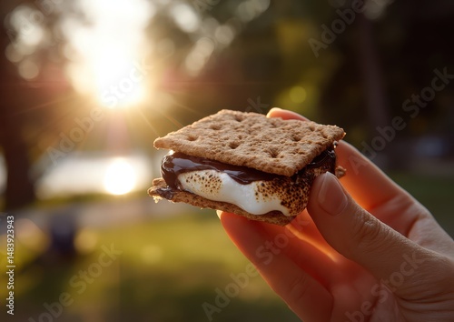 Hand holding a gooey s'more against a sunset backdrop.