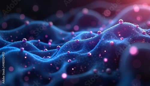 Abstract blue waves with pink particles in 3D render