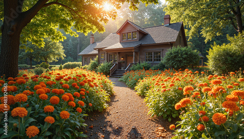 Cozy cottage with vibrant marigold garden at sunset
