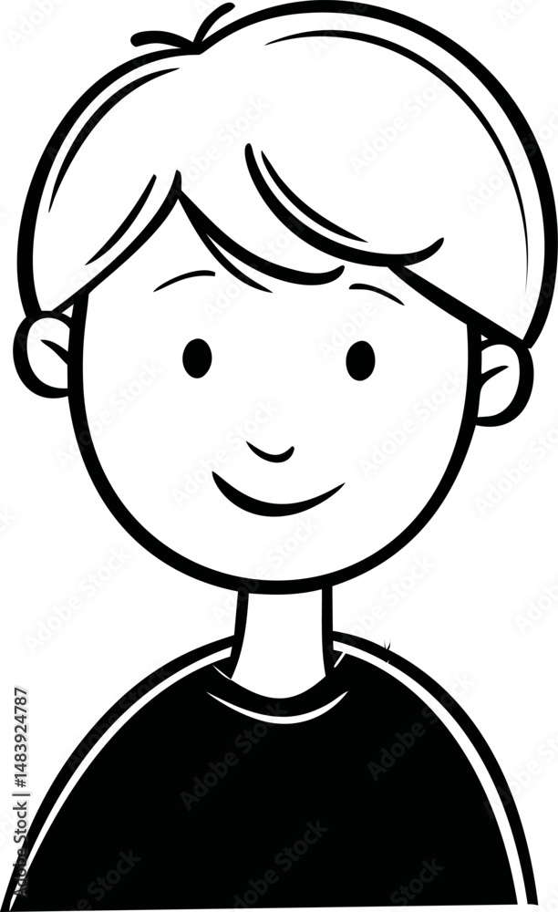 Smiling cartoon boy in black and white line art, simple illustration. Vector illustration in sketch style Smiling cartoon boy in black and white line art, simple illustration. Vector illustration in sketch style