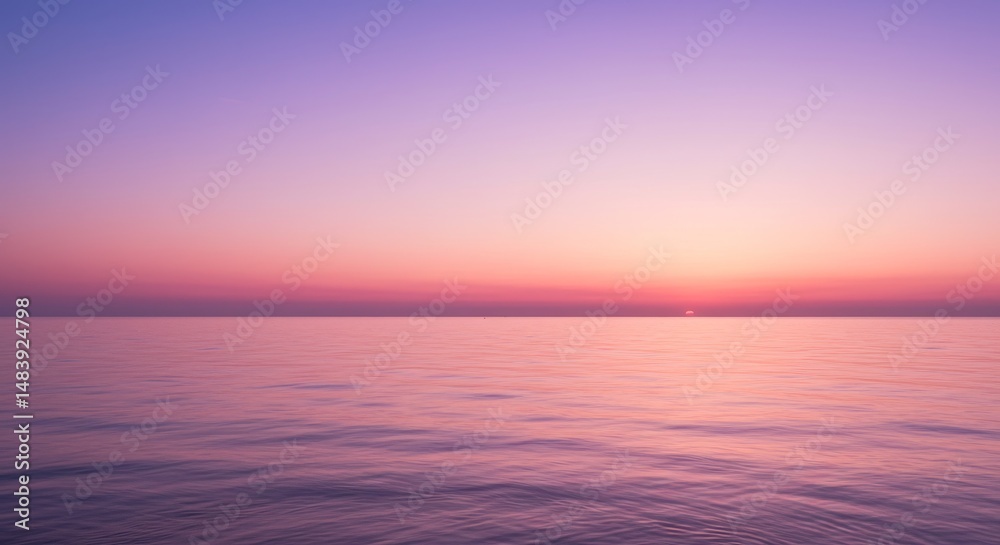 Obraz premium Serene Sunset Ocean - Tranquil ocean scene at sunset, symbolizing peace, serenity, hope, calmness, and new beginnings. Soft pink and purple hues paint the sky and water