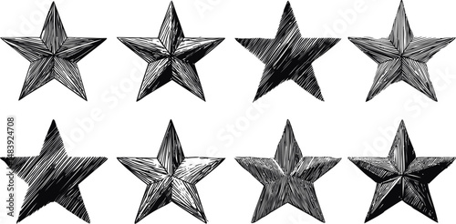 Hand-drawn vintage stars illustration in black and white, sketch style. Vector illustration
