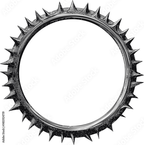 Circular crown of thorns black and white illustration with engravings. Vector illustration in sketch style