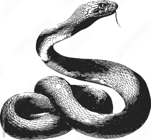 Snake illustration in black and white with detailed scales. Vector illustration in sketch style