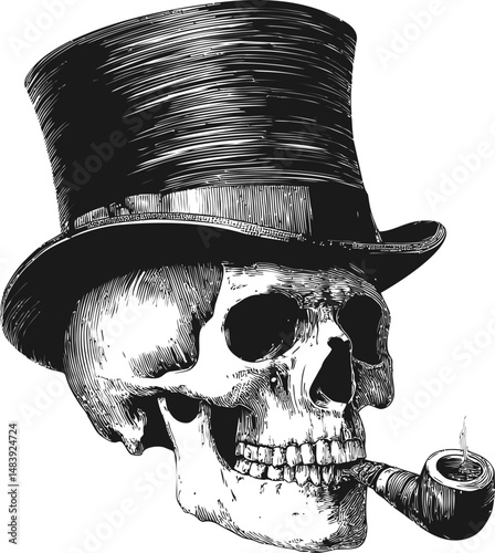 Skeleton with a top hat and pipe in vintage black and white. Vector illustration in sketch style