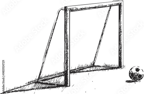 Illustration of a soccer goal with a ball on grass, black and white. Vector illustration in sketch style