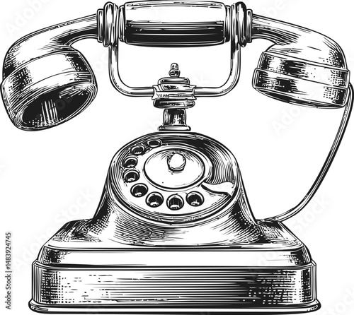 Detailed sketch of a vintage rotary telephone with intricate linework design. Vector illustration