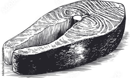 Black and white illustration of a raw salmon fillet with texture details. Vector illustration in sketch style