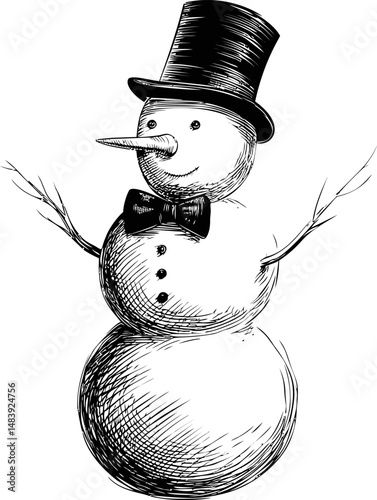 Sketch of a snowman wearing a top hat and bow tie with twig arms. Vector illustration