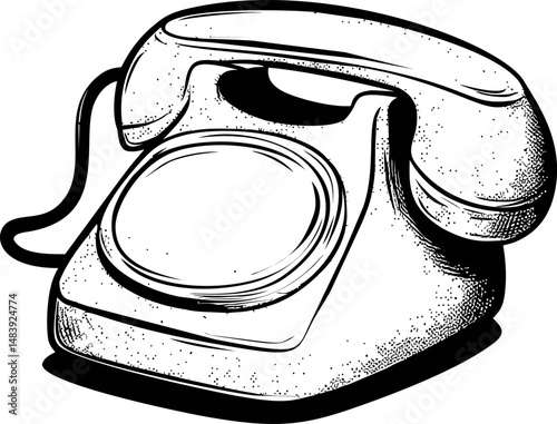 Vintage black and white rotary phone illustration in retro style. Vector illustration in sketch style