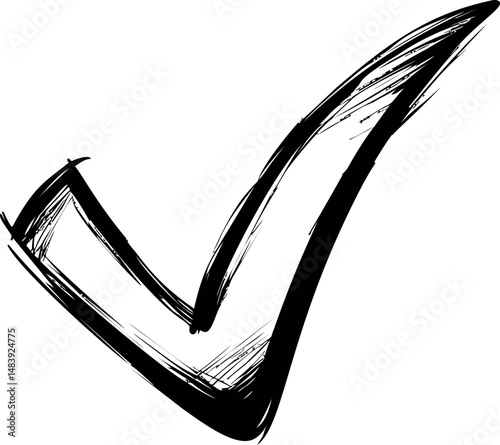 Black sketched check mark icon with rough texture. Vector illustration