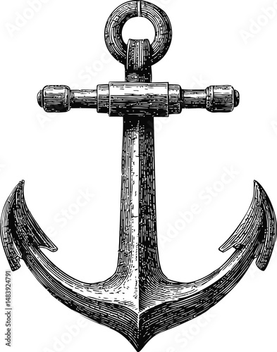 Detailed black and white vintage anchor vector illustration in sketch style