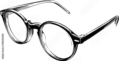 Illustrated black eyeglasses with detailed sketch lines and retro style. Vector illustration