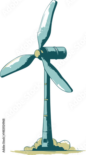 Illustrated green wind turbine with three blades and abstract base on white background. Vector illustration in sketch style