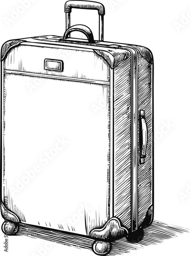 Sketch of a detailed vintage suitcase with wheels and handle in monochrome. Vector illustration