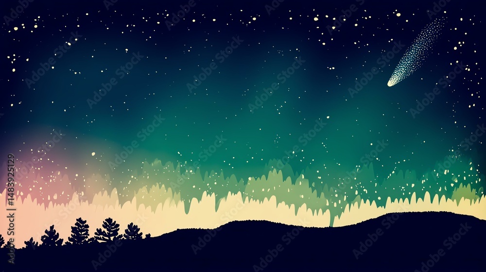 Obraz premium Astrophotography Comet Composition, Night Sky with Comet and Colorful Aurora Borealis Over Landscape