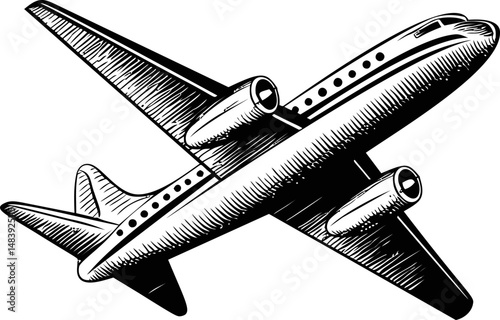 Black and white illustration of a passenger airplane in flight, detailed drawing. Vector illustration in sketch style