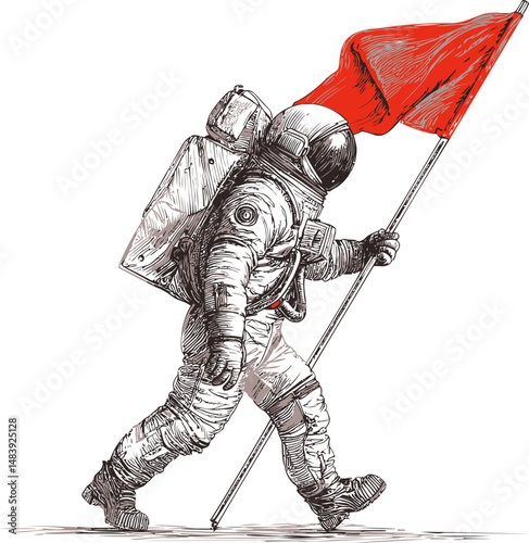 Astronaut in space suit holding vibrant red flag, stylized sketch vector illustration