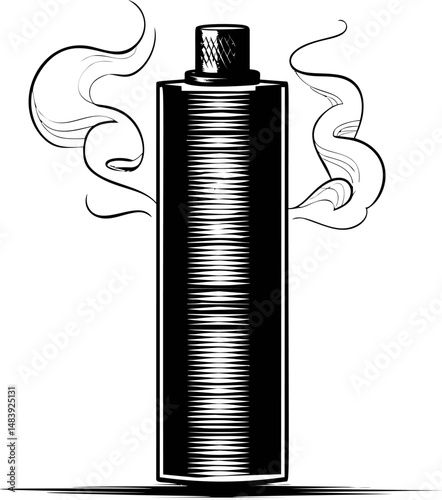 Black and white illustration of steaming aerosol can with stylized smoke. Vector illustration in sketch style