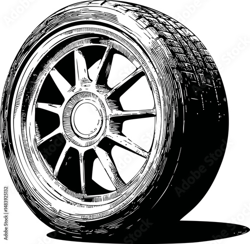 Detailed black and white illustration of a car wheel with tread design. Vector illustration in sketch style