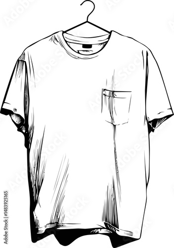 Illustration of a simple white t-shirt on a hanger with pocket detail sketch. Vector illustration