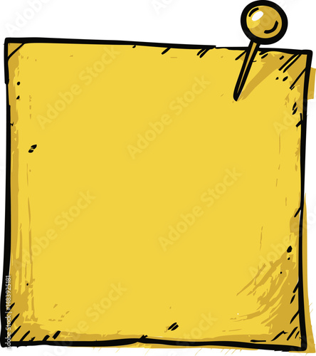 Yellow sticky note with a pin illustration, office memo concept. Vector illustration in sketch style