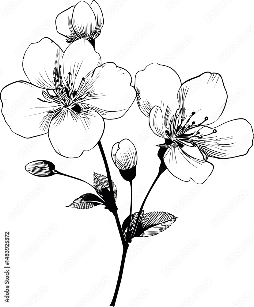 Obraz premium Black and white cherry blossom illustration with delicate line art details. Vector illustration in sketch style