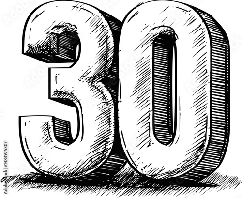 Sketch of the number 30 thirty in bold black and white vector illustration