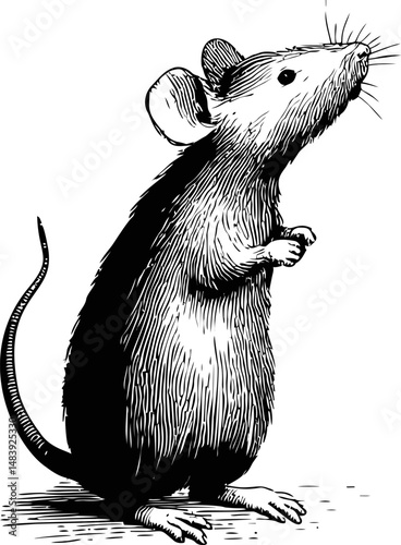Black and white detailed sketch of a standing mouse facing right. Vector illustration