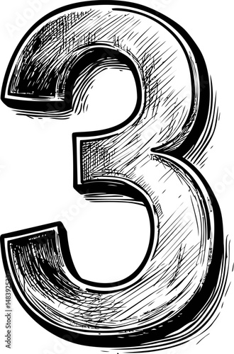 Black and white hand-drawn numeral 3 three with sketchy artistic style. Vector illustration in sketch style