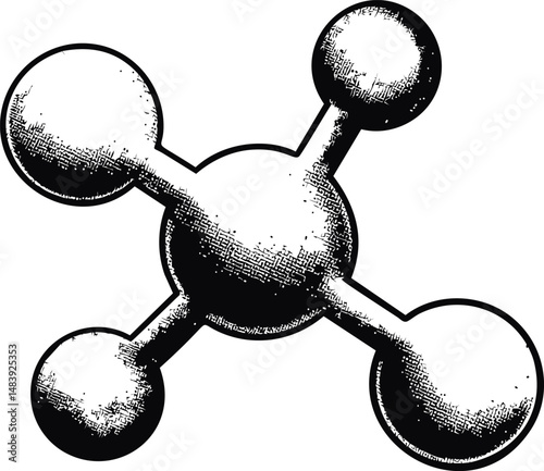 Black and white illustration of a molecule with three atoms in vintage. Vector illustration in sketch style