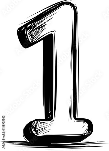 Monochrome sketched number 1 one with bold outlines, artistic design. Vector illustration