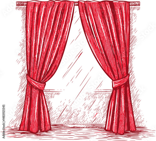 Elegant red curtains open on window sketch in vintage style. Vector illustration