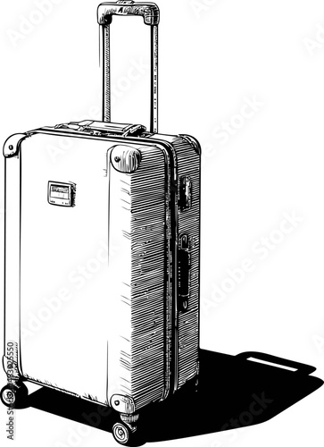 Black and white line drawing of a suitcase with extended handle. Vector illustration in sketch style