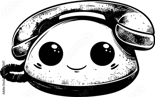 Cute retro telephone with a smiling face in black and white. Vector illustration in sketch style