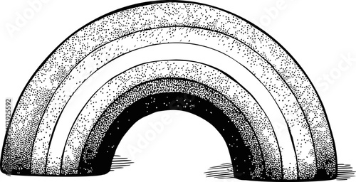 Black and white illustration of a rainbow arc with detailed texture in engraving style. Vector illustration in sketch style