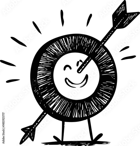 Happy target with arrow smiling cheerfully in black and white. Vector illustration in sketch style